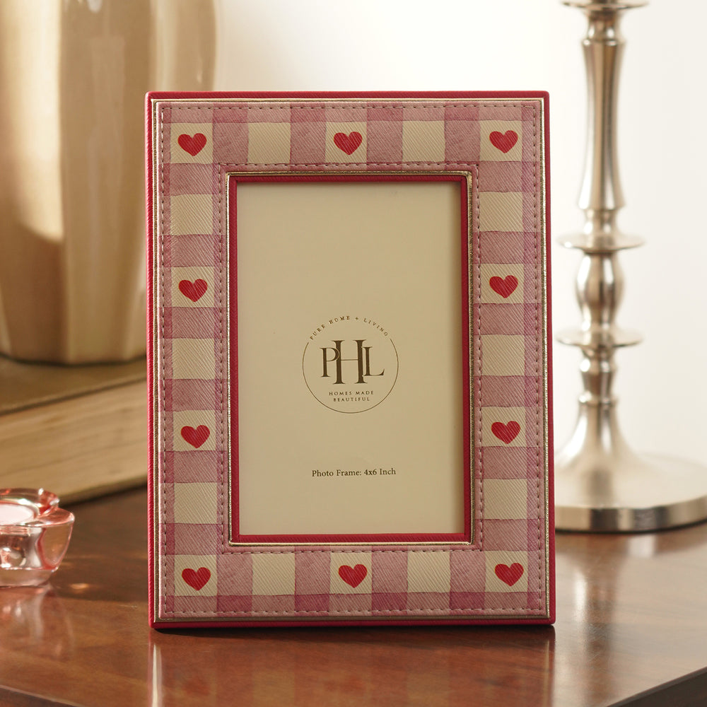 Pink Red Heart Print Faux Leather Photo Frame - Small