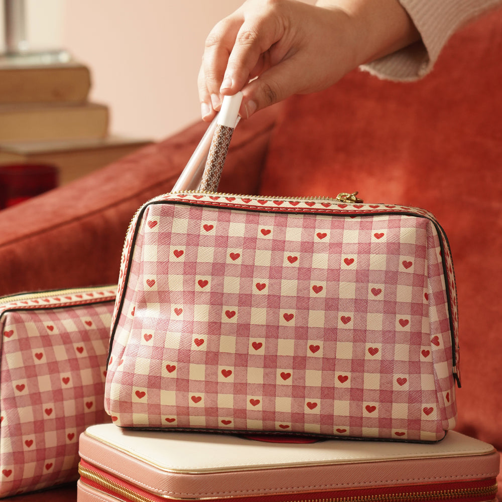 Pink Printed Faux Leather Vanity Pouch - Large