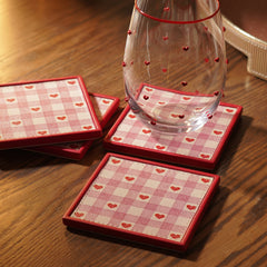 Set of 4 Pink Heart Print Faux Leather Coasters