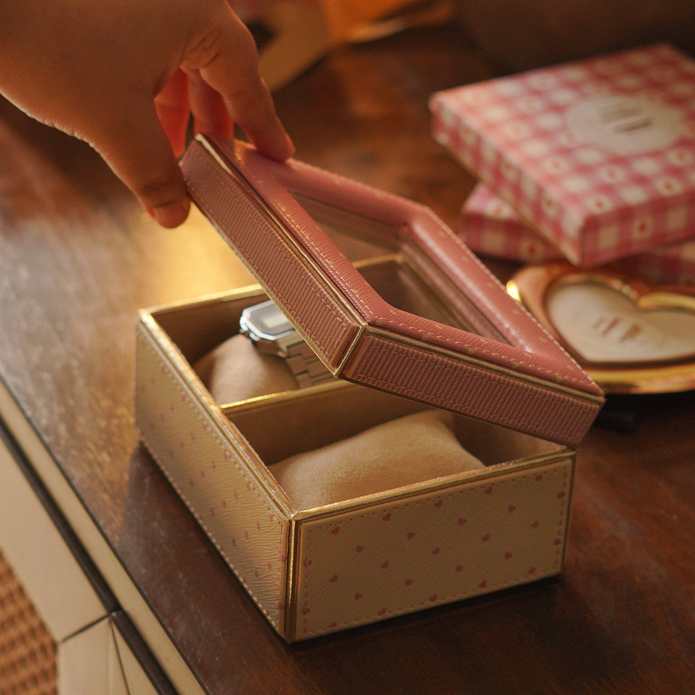 Pink Heart Print Faux Leather Watch Box