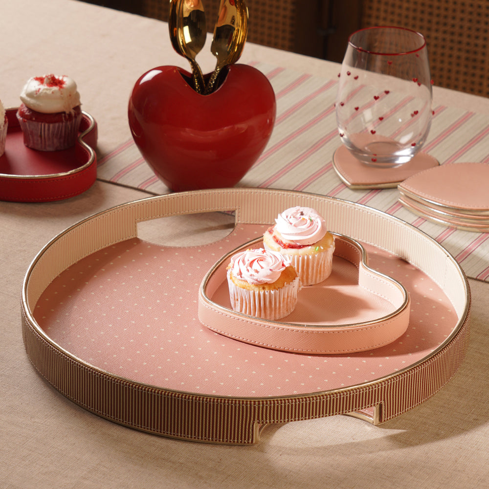 Pink Heart Print Faux Leather Round Tray