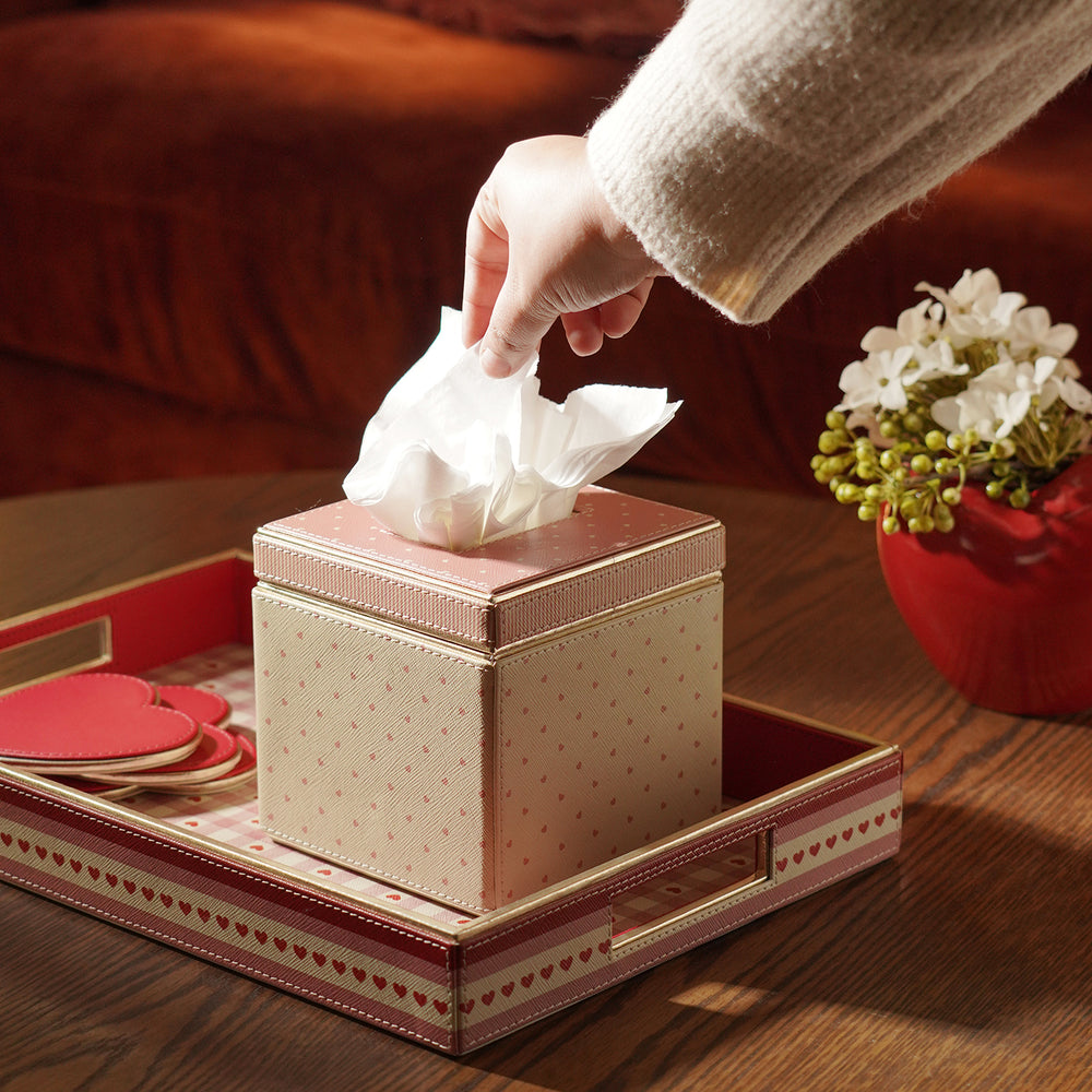 Pink Heart Print Faux Leather Square Tissue Box