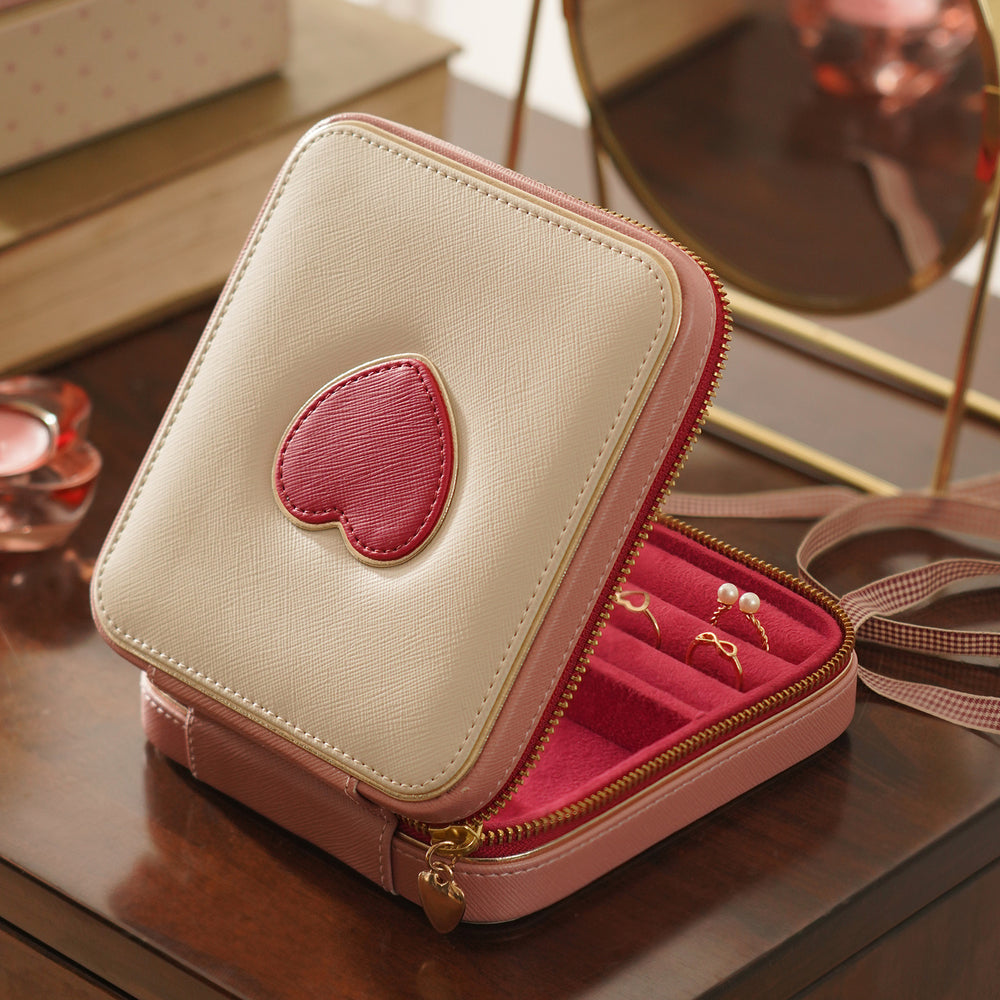 Beige Red Heart Faux Leather Jewellery Box - Small