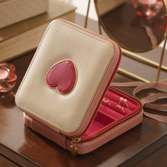 Beige Red Heart Faux Leather Jewellery Box - Small