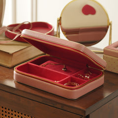 Beige Red Heart Faux Leather Jewellery Box - Large