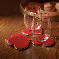 Set of 4 Red Heart Shaped Faux Leather Coaster