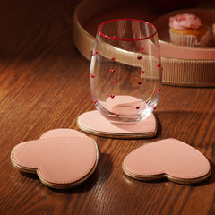 Set of 4 Pink Heart Shaped Faux Leather Coaster