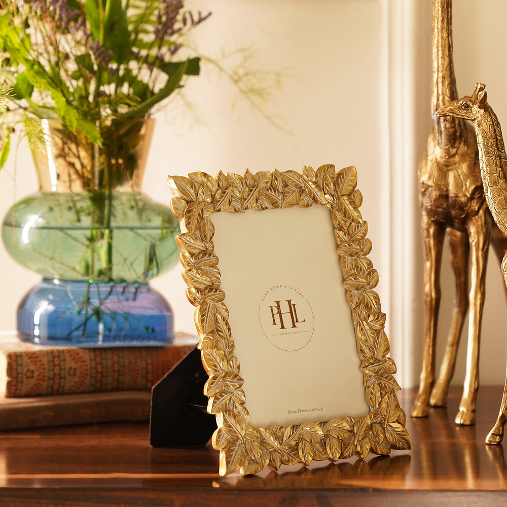 Antique Gold Polyresin Leaf Photo Frame - Small