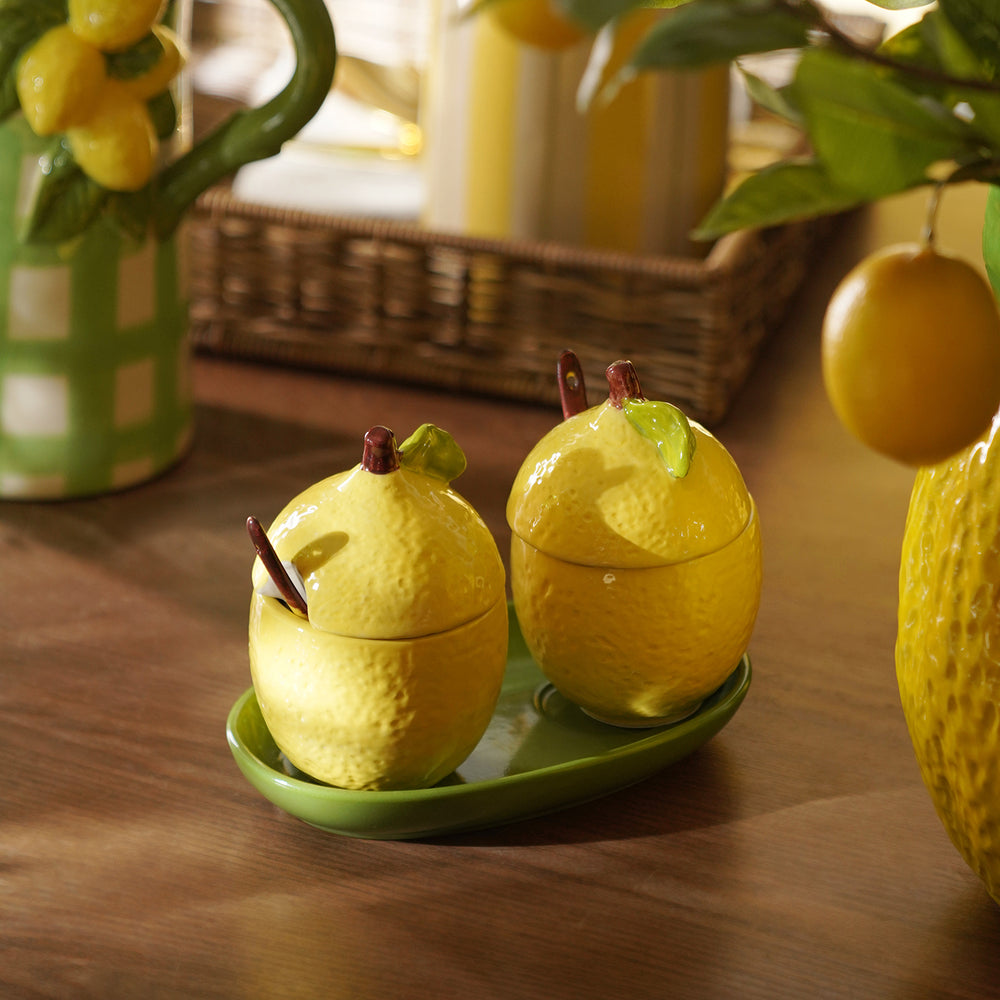 Set of 2 Yellow Ceramic Lemon Condiment Jars with Spoons & Tray