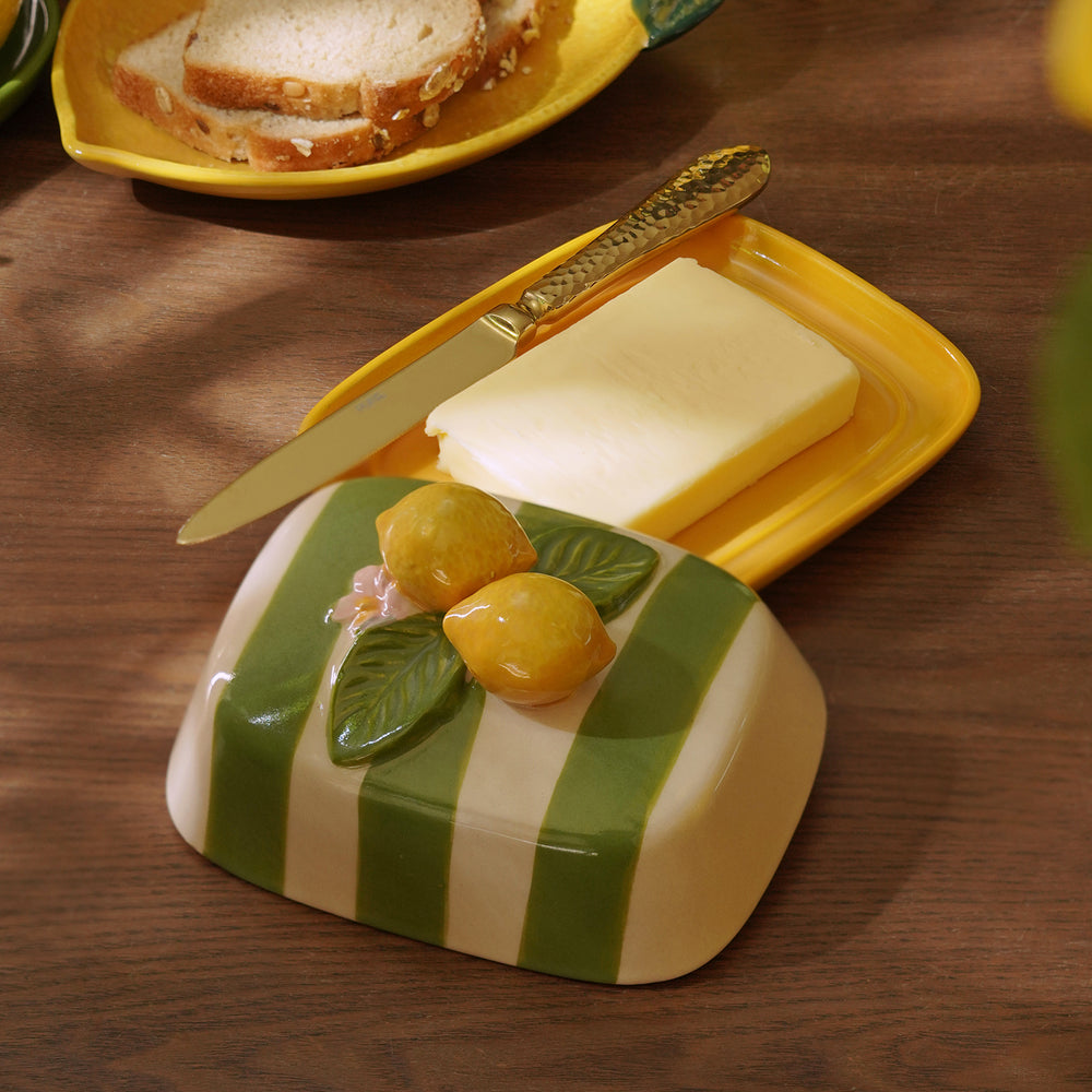 Yellow Striped Ceramic Butter Dish with Lemon Lid