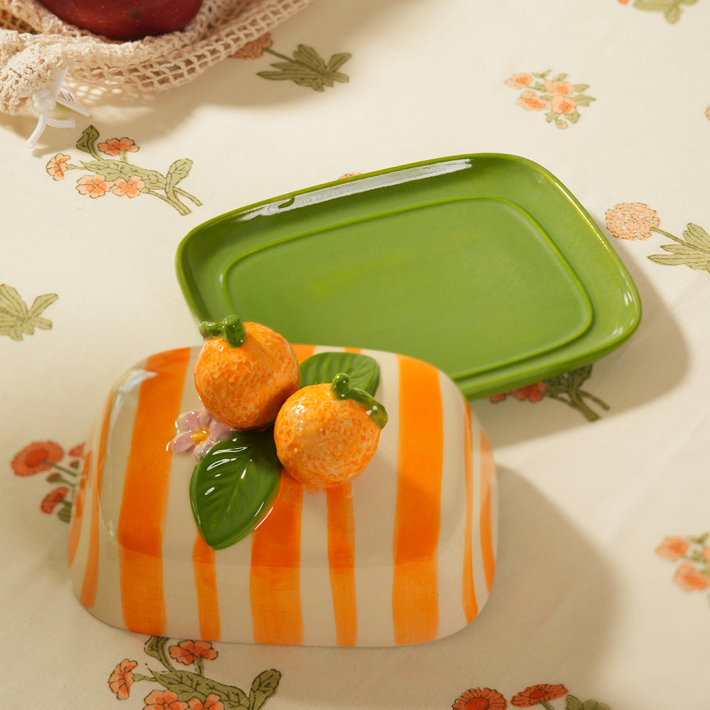 Orange Striped Ceramic Butter Dish with Orange Lid