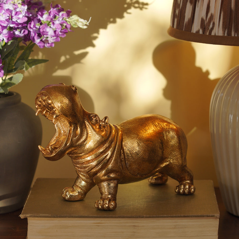 Antique Gold Polyresin Standing Hippopotamus