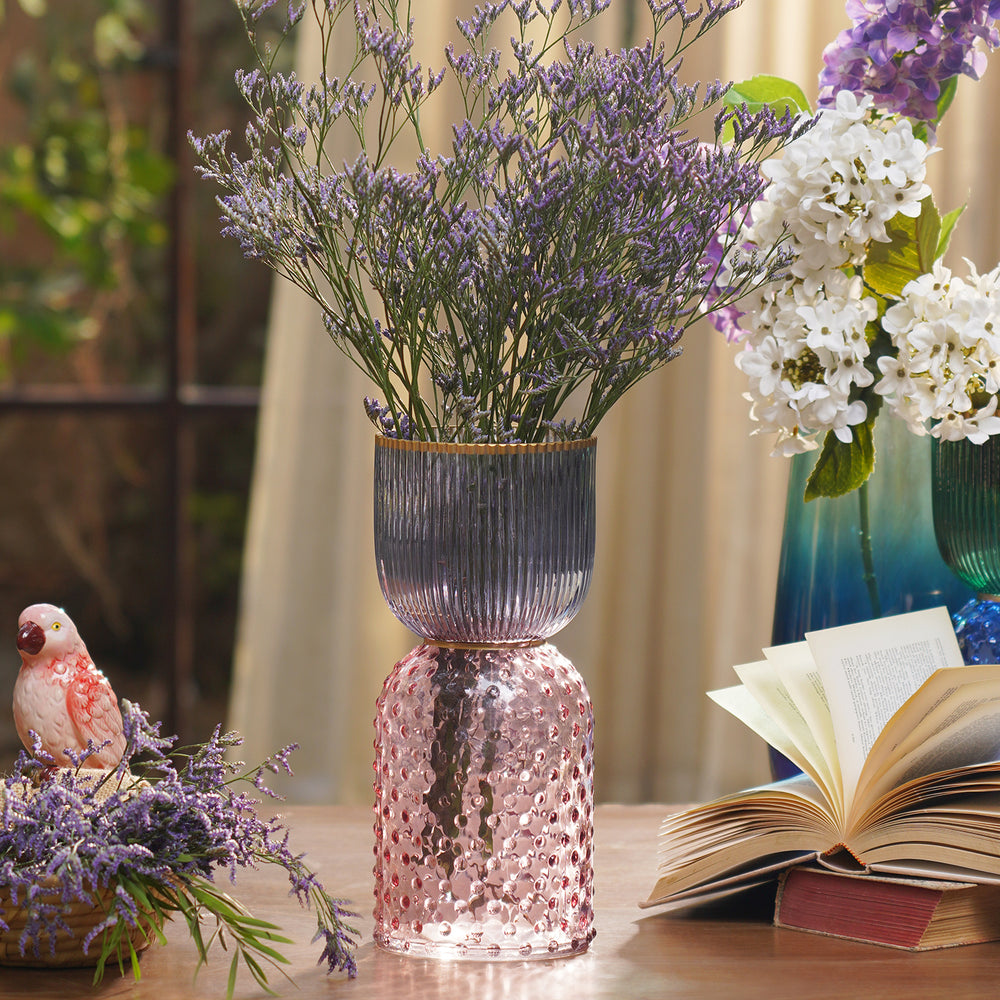 Blue Pink Colourblocked Textured Glass Vase