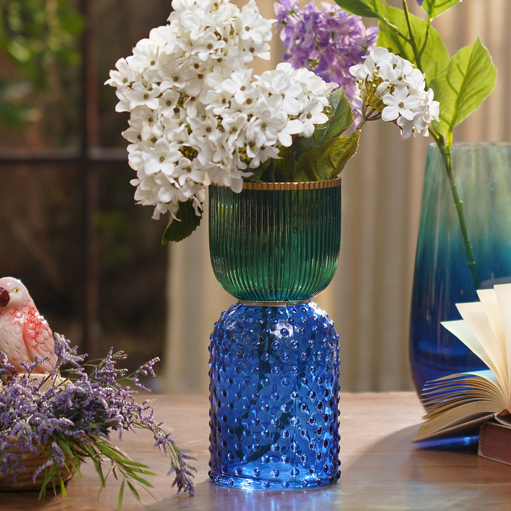 Blue Green Colourblocked Textured Glass Vase