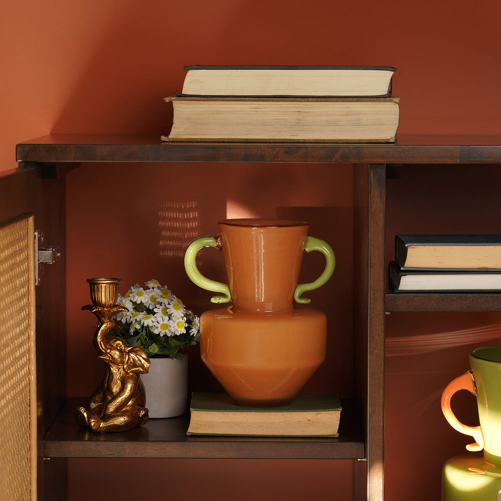 Orange Glass Vase with Green Handles - Small
