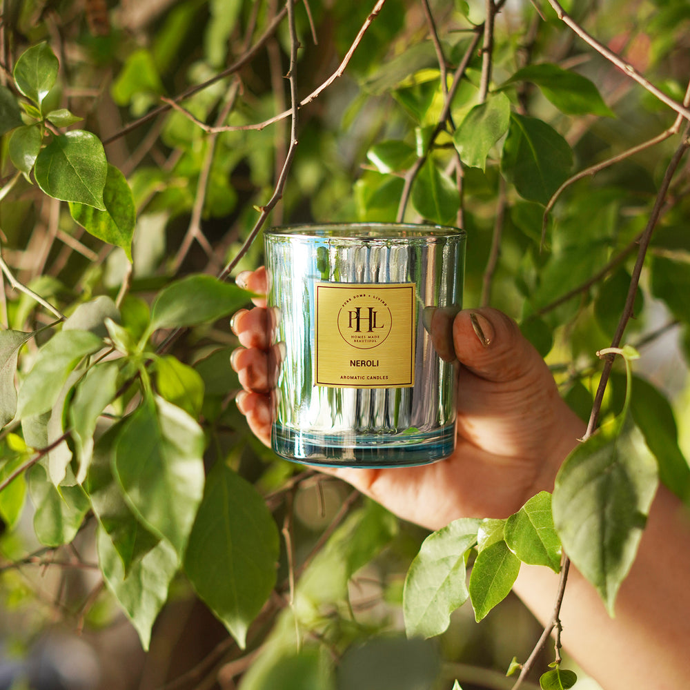 Neroli Scented Wax Filled Glass Candle Jar -Light Blue