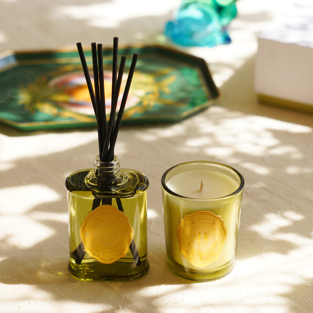 Set of 2 Light Green Jasmine Garland Scented Wax Filled Jar Candle and Diffuser
