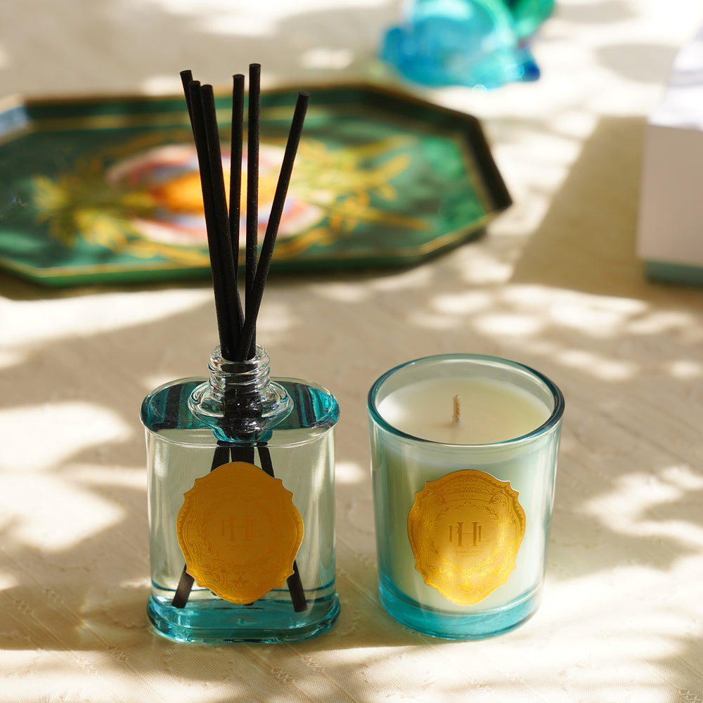 Set of 2 Light Blue Neroli Scented Wax Filled Jar Candle and Diffuser