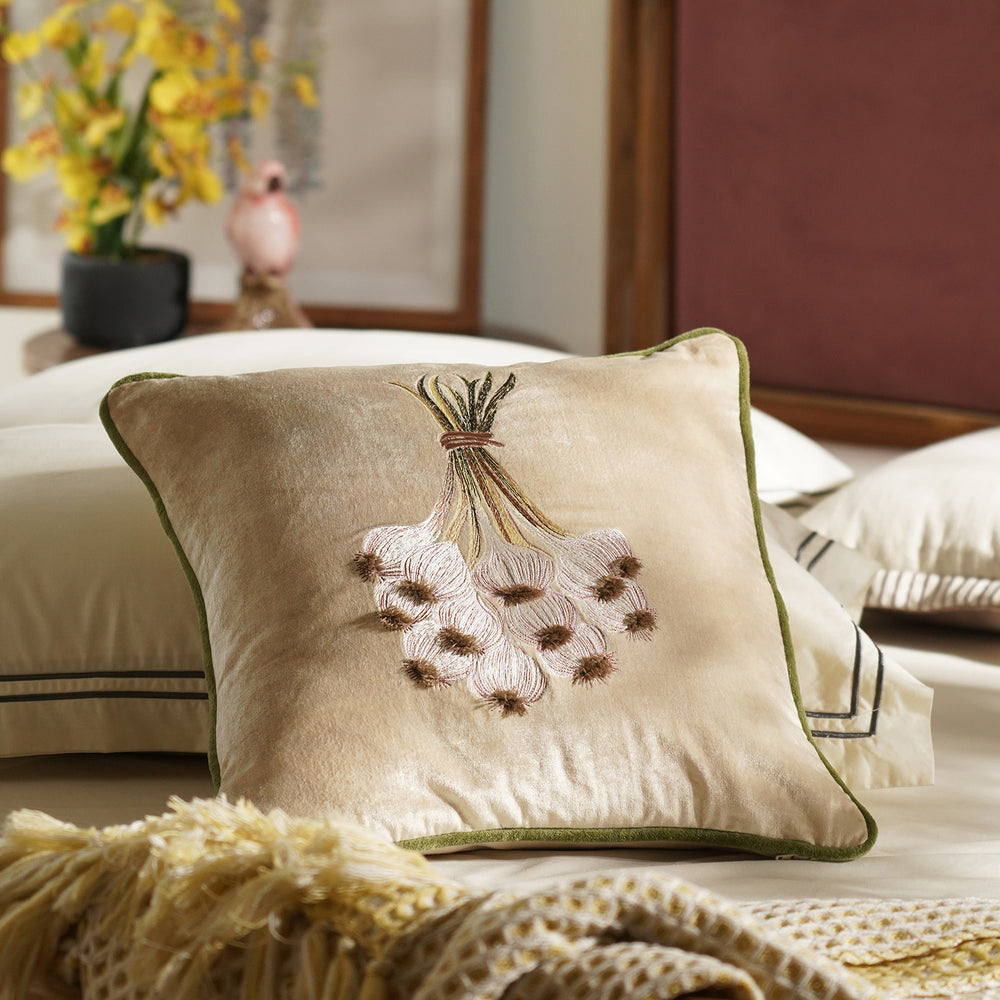 Beige Garlic Motif Embroidered Cushion Cover