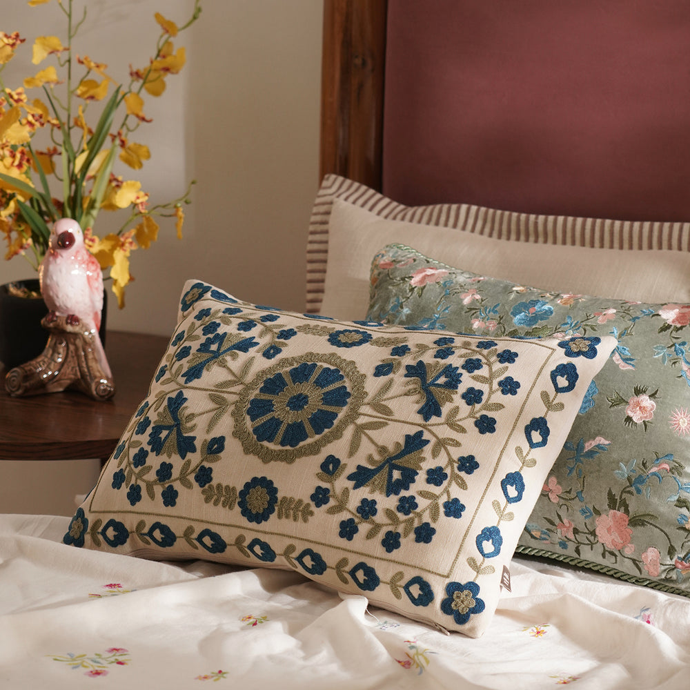 Blue Embroidered Cushion Cover