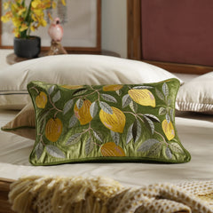 Green Lemon Embroidered Velvet Cushion Cover