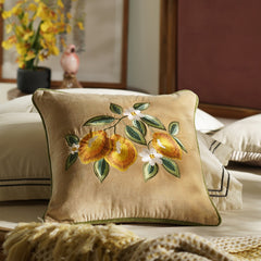 Beige Lemon Embroidery Velvet Cushion Cover