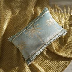 Blue Palm Embroidered Velvet Cushion Cover