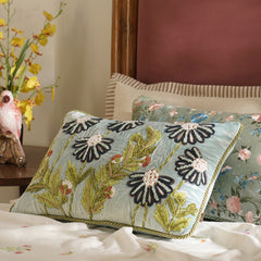 Blue Floral Embroidered Velvet Cushion Cover