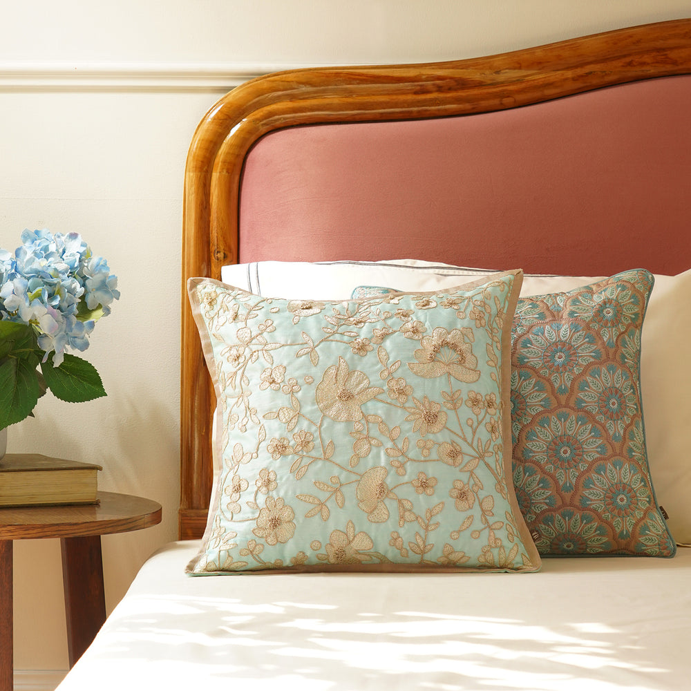 Blue Floral Embroidered Cushion Cover