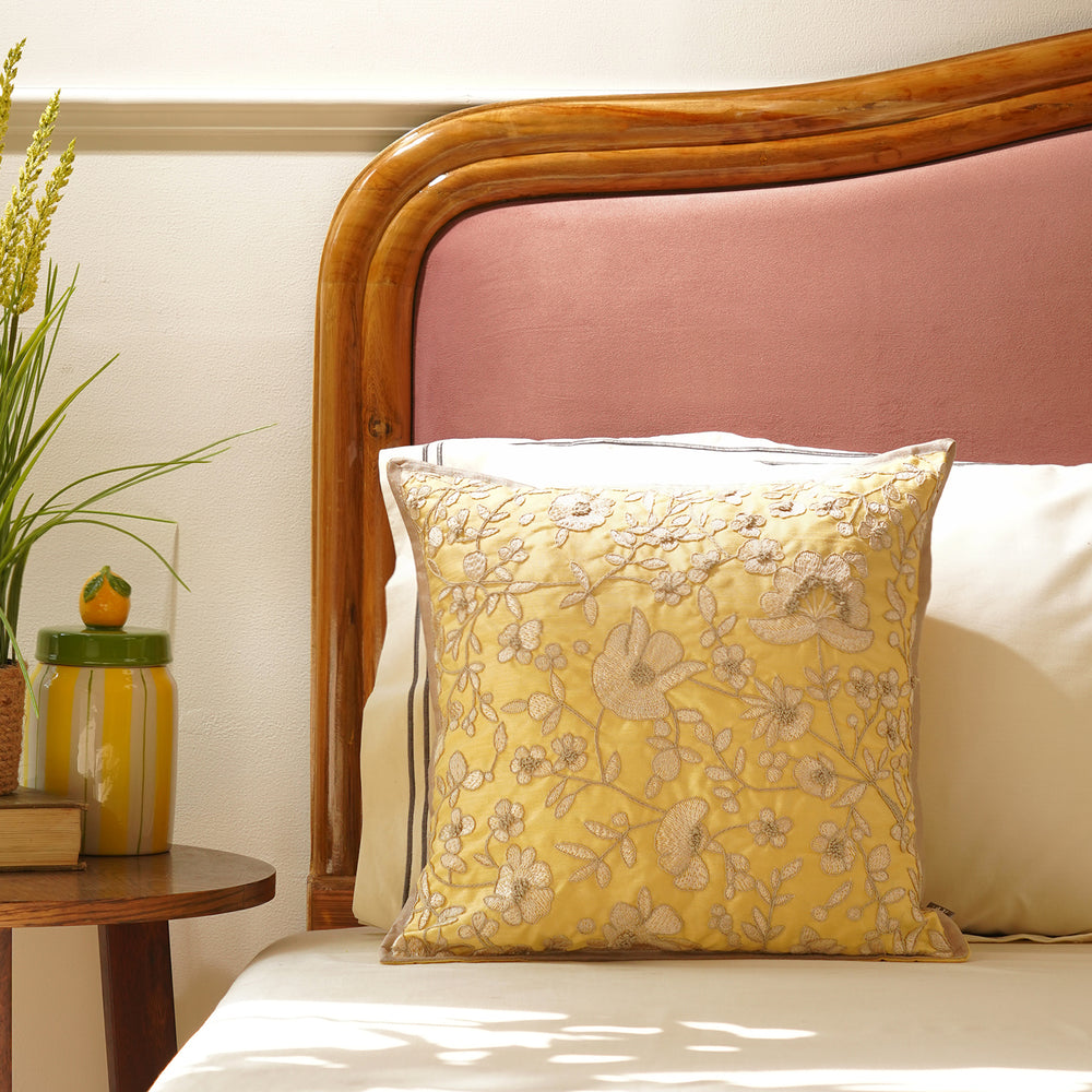 Yellow Floral Embroidered Cushion Cover