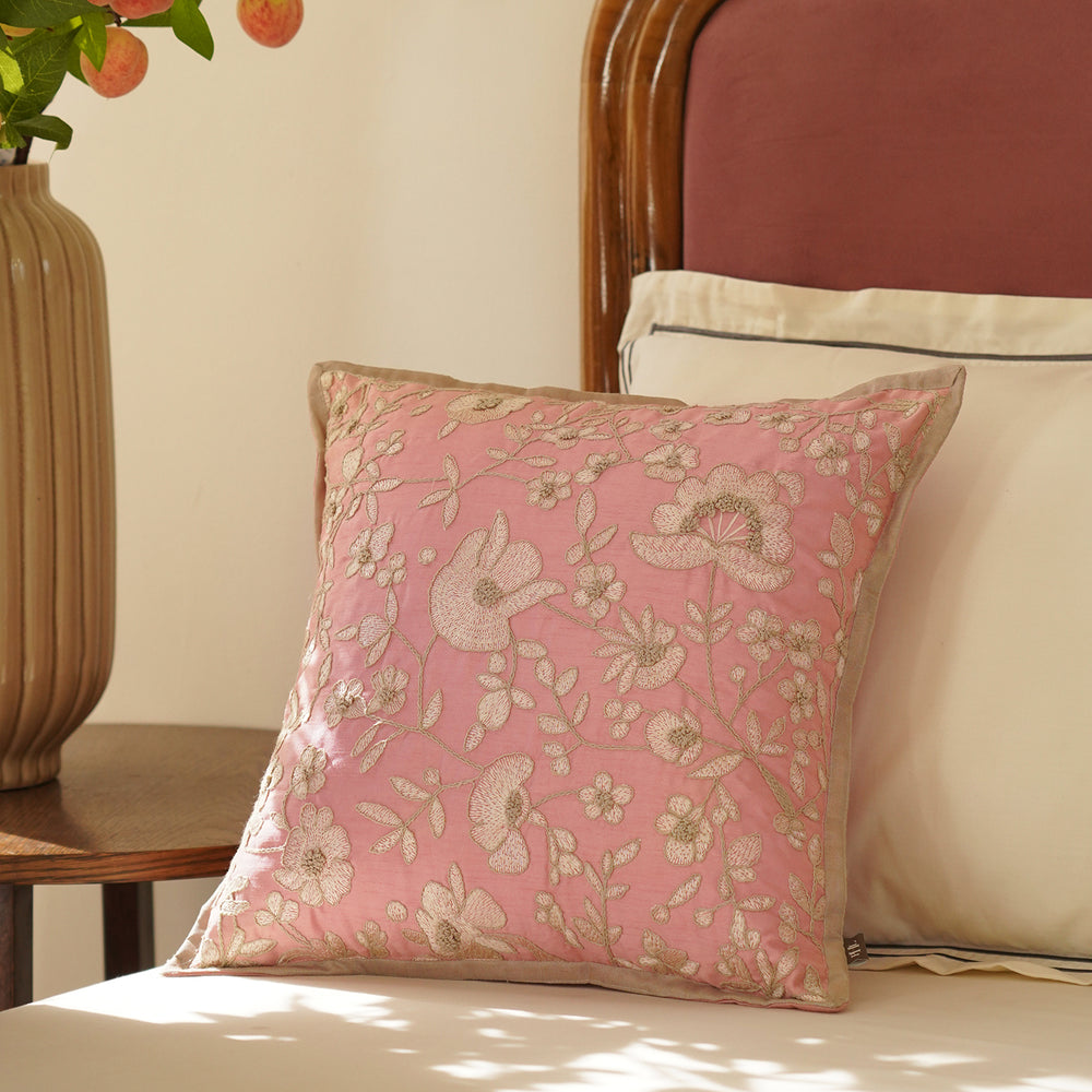 Pink Floral Embroidered Cushion Cover