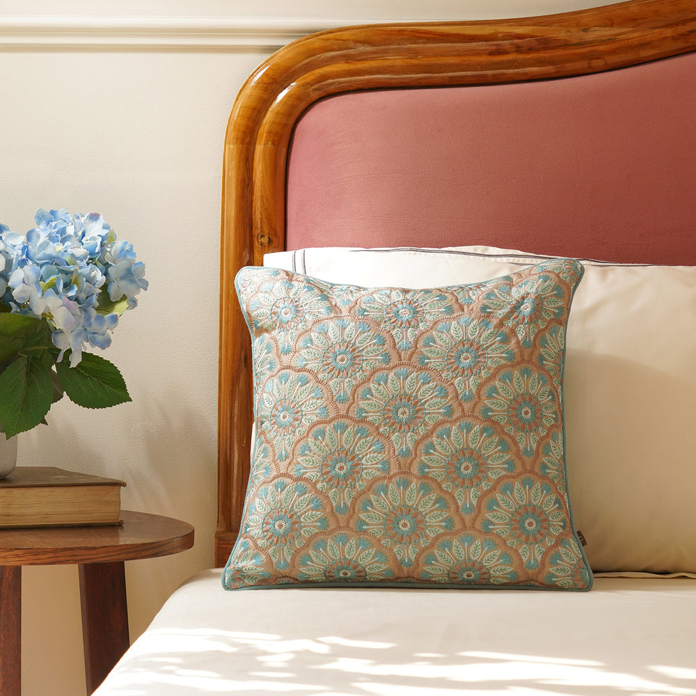 Blue Geometric Embroidered Cushion Cover