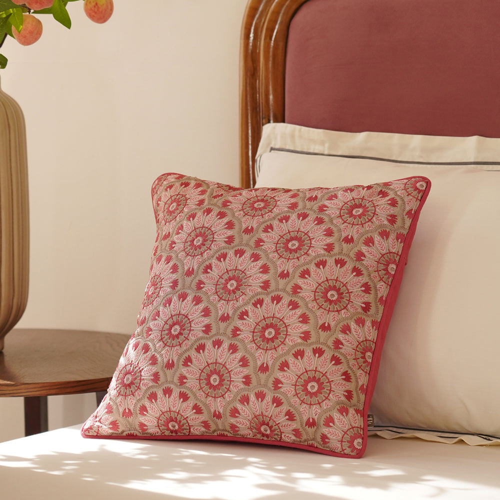 Pink Geometric Embroidered Cushion Cover