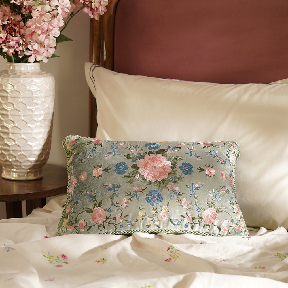 Ivory Floral Embroidered Velvet Cushion Cover