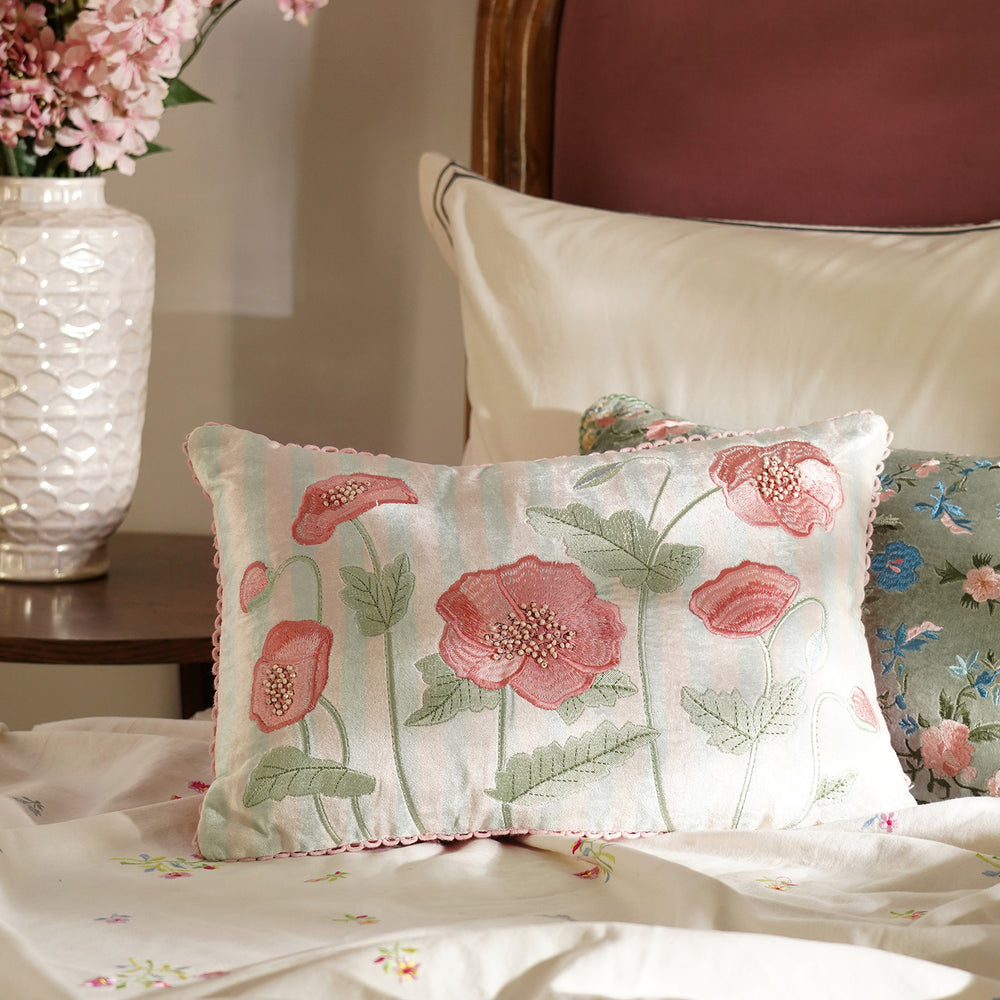 Blue Striped & Floral Embroidered Cushion Cover