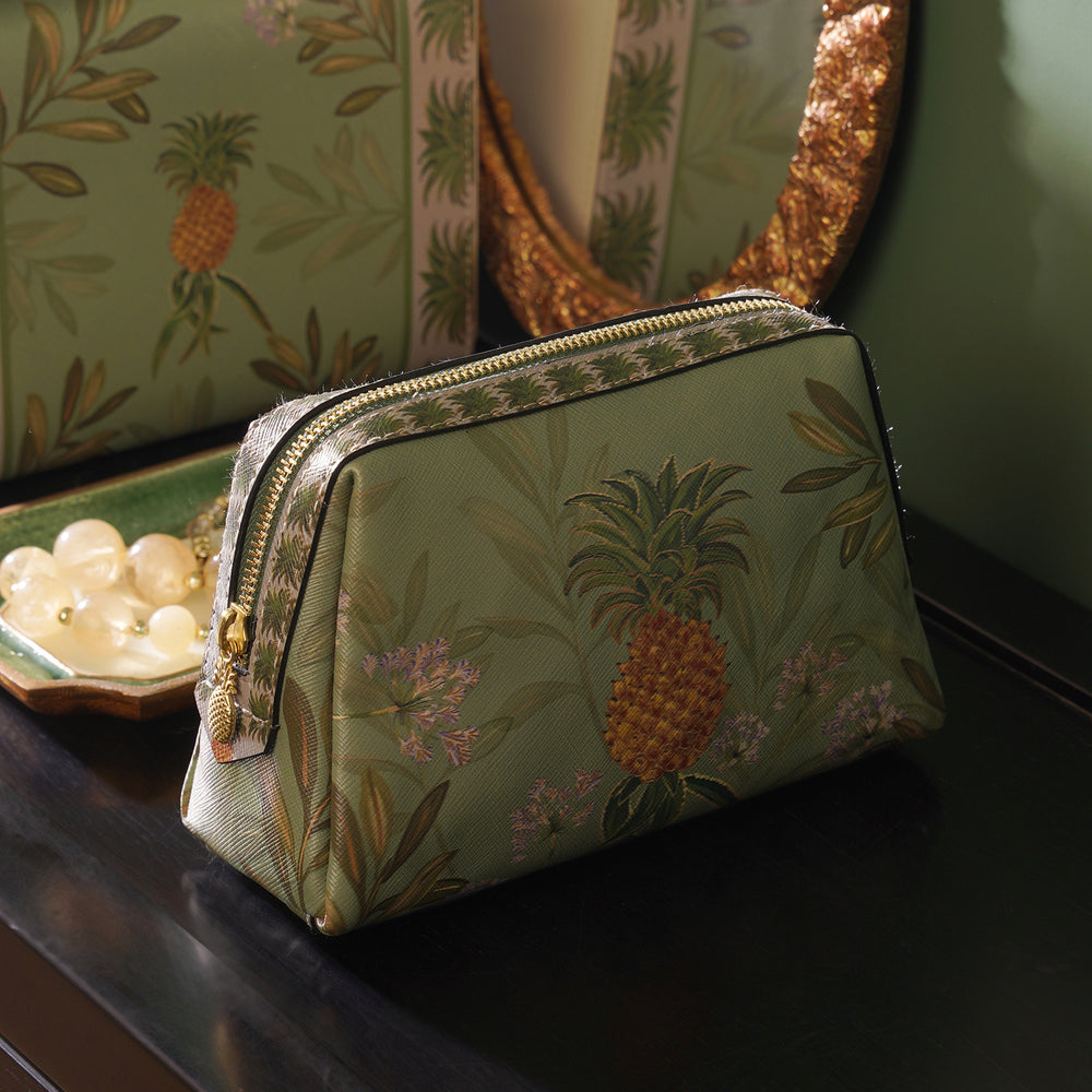 Green Pineapple Print Faux Leather Vanity Pouch - Small