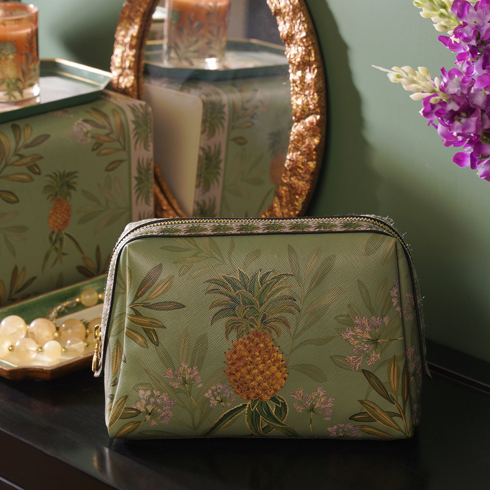 Green Pineapple Print Faux Leather Vanity Pouch - Large