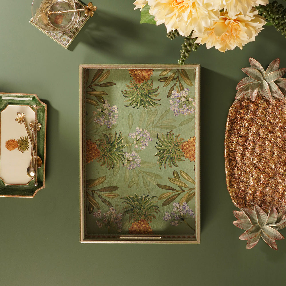 Green Pineapple Print Faux Leather Rectangular Tray