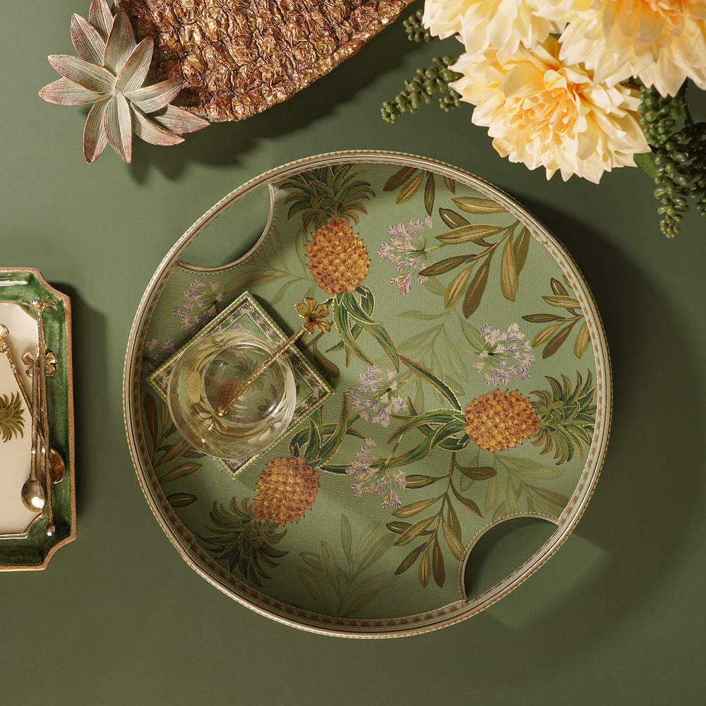 Green Pineapple Print Faux Leather Round Tray