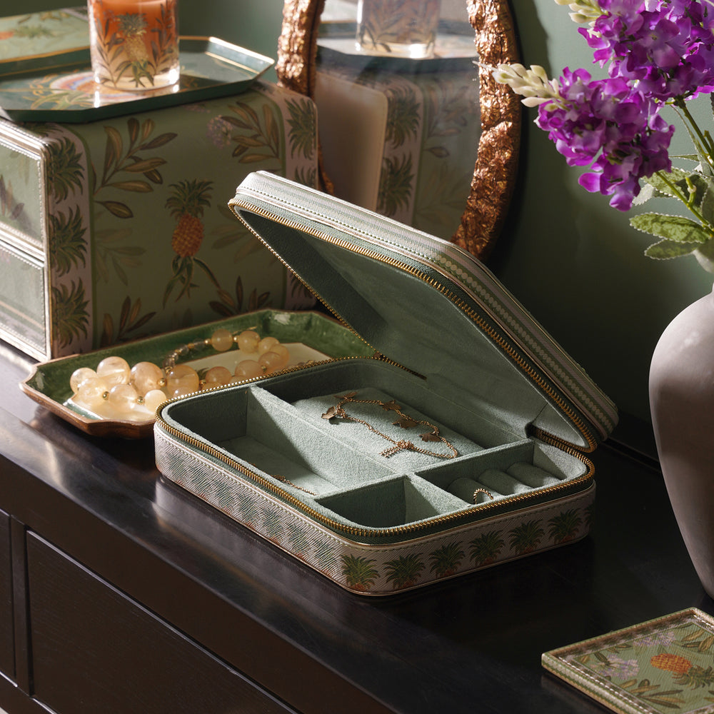 Green Pineapple Print Rectangle Faux Leather Travel Jewellery Box