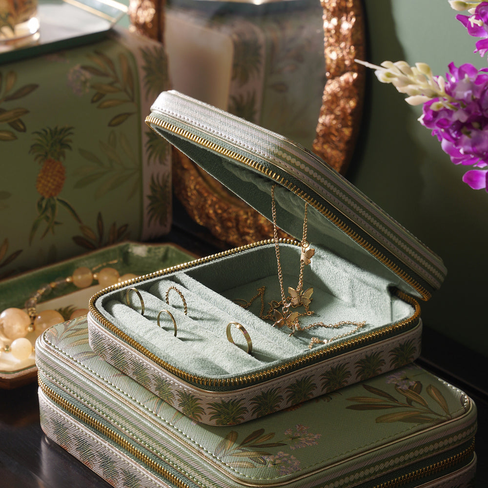 Green Pineapple Print Square Faux Leather Travel Jewellery Box