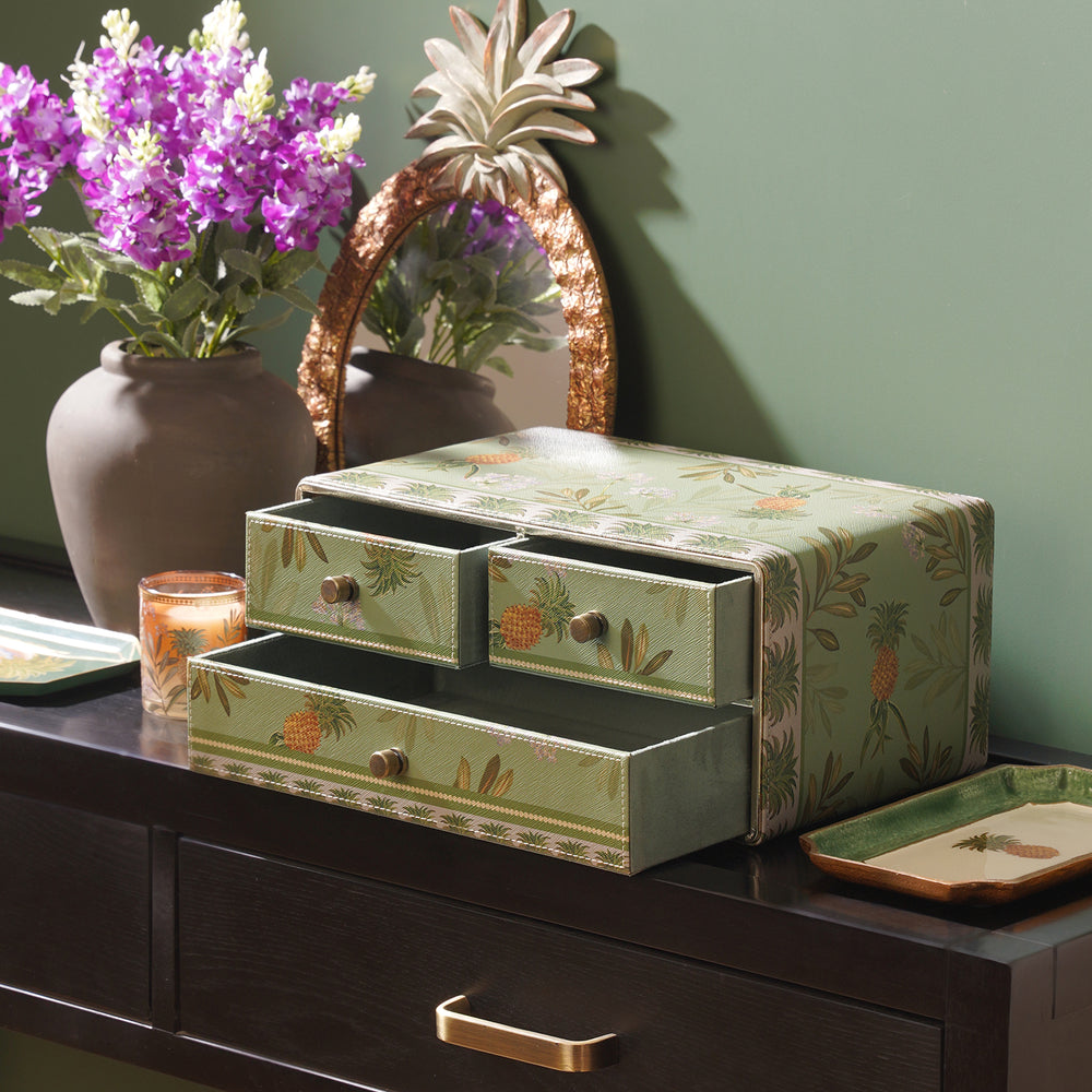 Green Pineapple Print Faux Leather Jewellery Organiser
