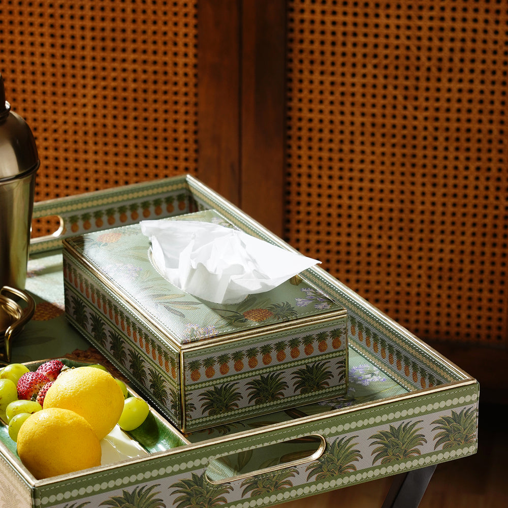 Green Pineapple Print Faux Leather Tissue Box