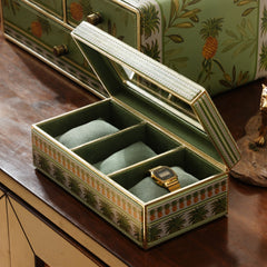 Green 3 Part Pineapple Print Faux Leather Watch Box