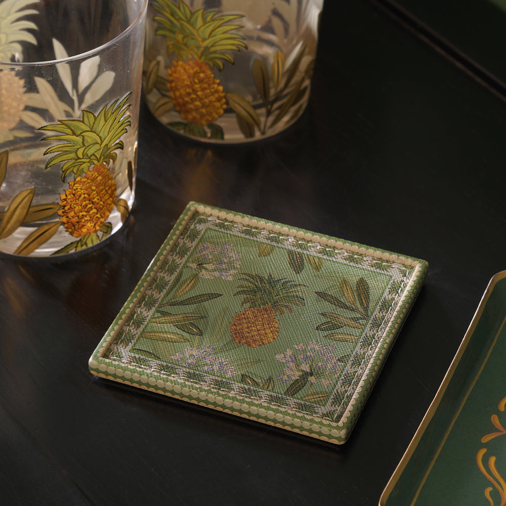 Set of 4 Green Pineapple Print Faux Leather Coasters