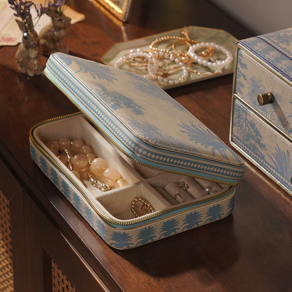 Blue Varena Rectangle Faux Leather Travel Jewellery Box