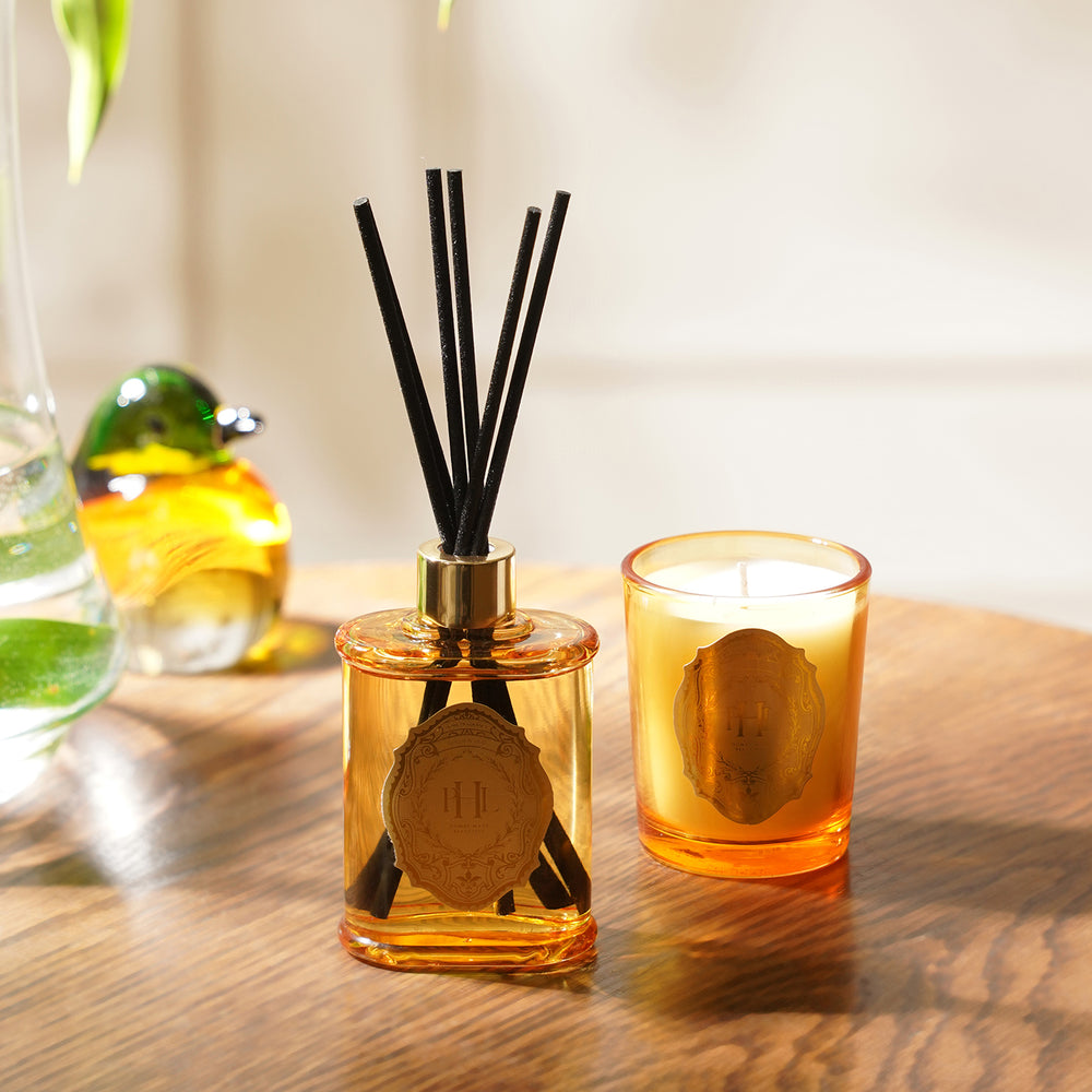 Set of 2 Light Amber Golden Oud Scented Wax Filled Jar Candle and Diffuser