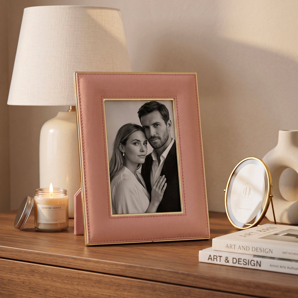 Pink Handcrafted Faux Leather Photo Frame with Gold Accents - Small