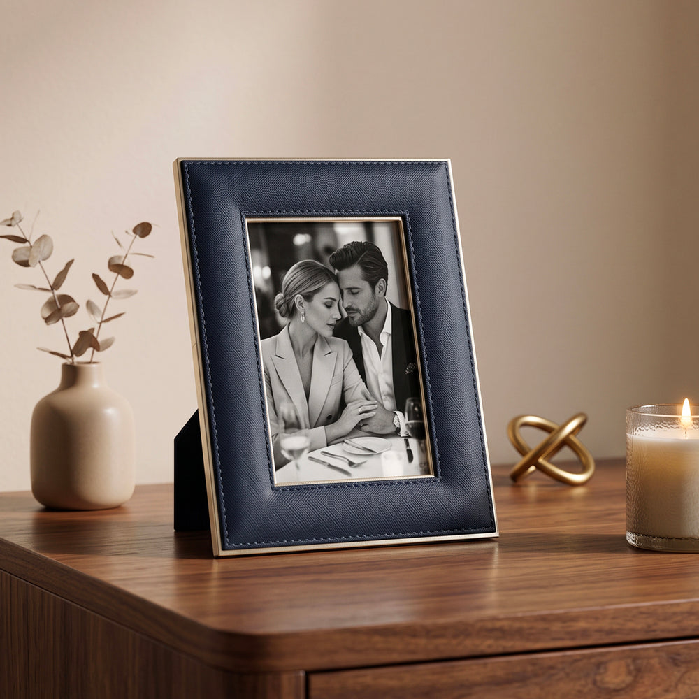 Blue Handcrafted Faux Leather Photo Frame with Gold Accents - Small