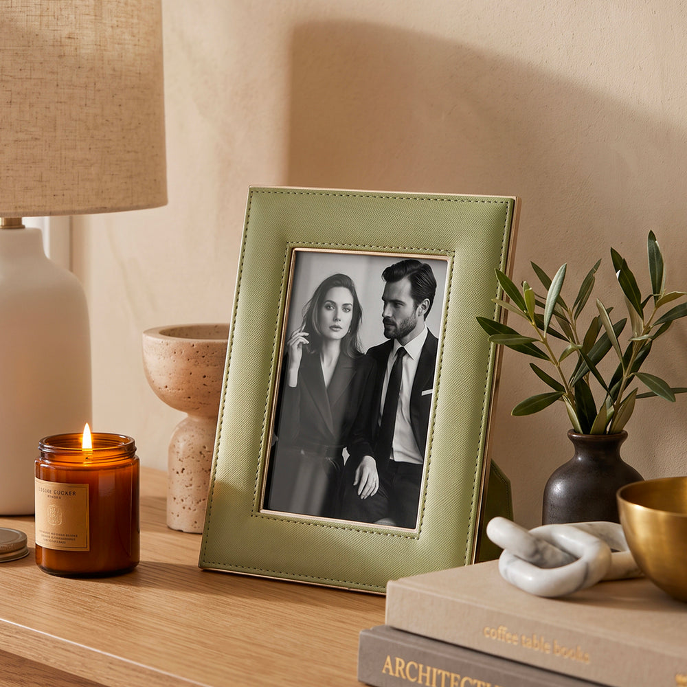 Green Handcrafted Faux Leather Photo Frame with Gold Accents - Small